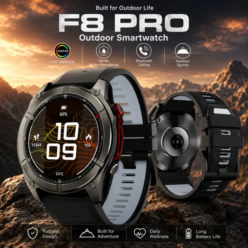 F8 PRO Ultimate Outdoor Multifunctional Smartwatch for Men, 1.43" AMOLED Rugged Sports Watch, 5ATM Water Resistant, Bluetooth Calling, Heart Rate Sleep SpO2 Tracking, Compass Barometer Altitude, Multi-Sport Modes, 530mAh Battery, Android iOS