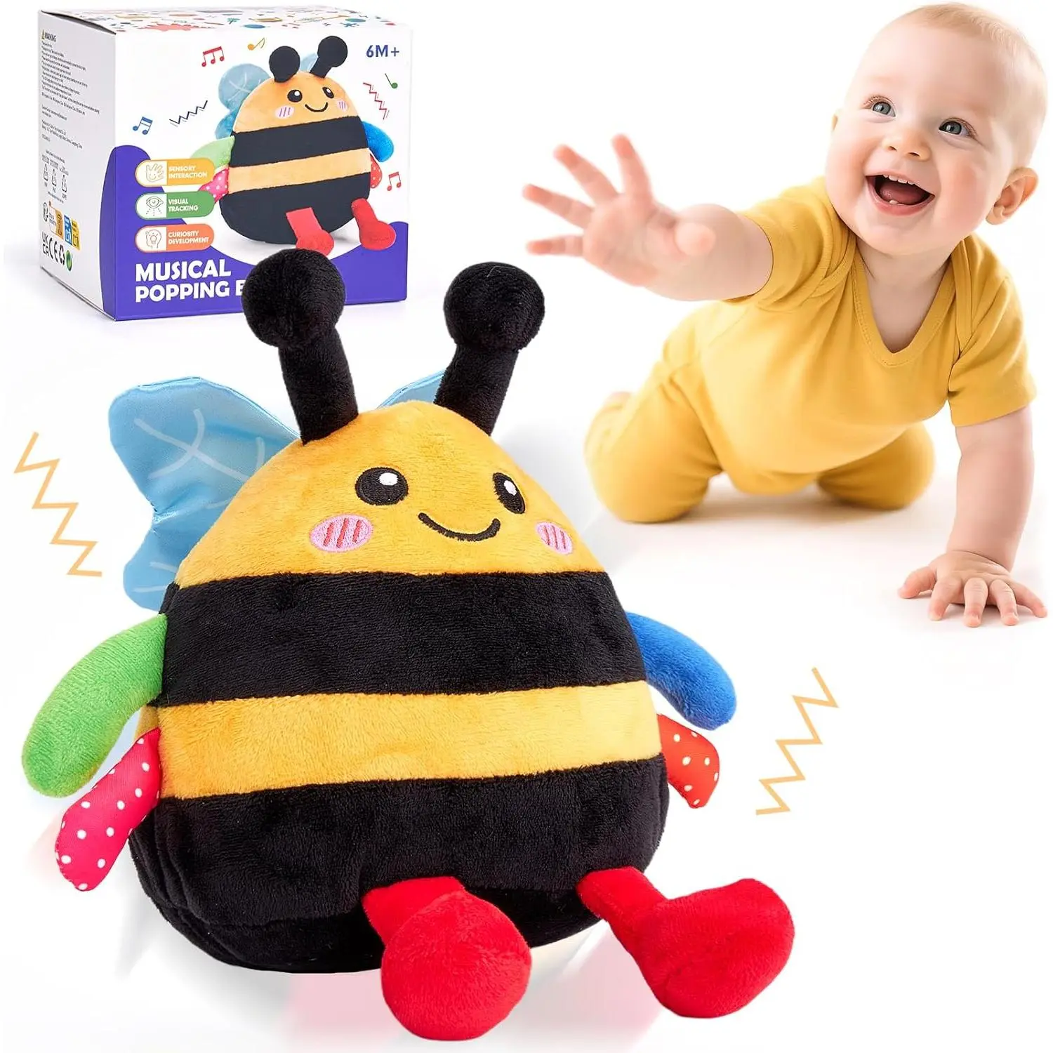 Tummy Time Bouncing Bee Toy  6-12 Month, Musical Dancing Plush Bee Baby Toys 9 Month Old, Vibrating & Buzzing Bee Toy Gifts  1 Year Old Boy & Girl