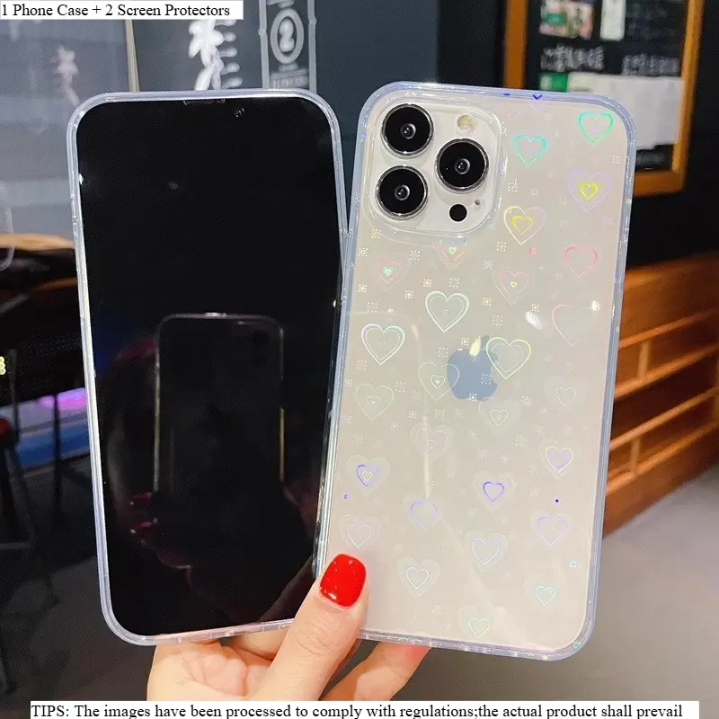 3 In 1 Dazzling Holographic Laser Heart Shockproof Phone Case Set With 2 Transparent Screen Protectors For iPhone 17 Pro Max 16 15 14 13 12 11