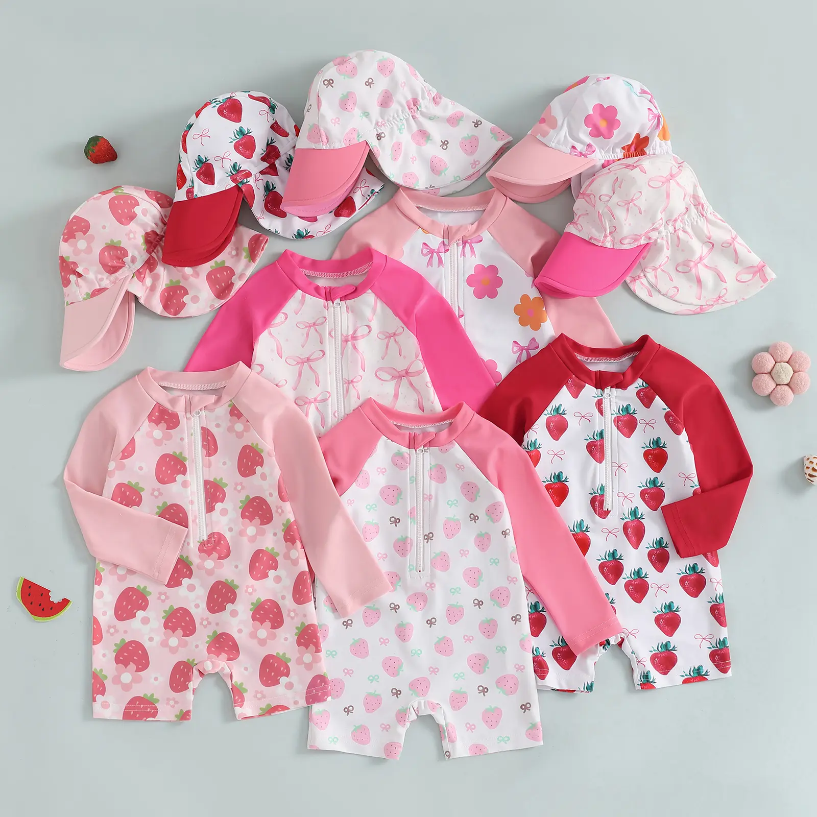 Toddler Girl Long Sleeve Swimsuit Floral/Bow/Strawberry Print Half Zipper Non-Pilling Rash Guard Swimwear Sunhat Set