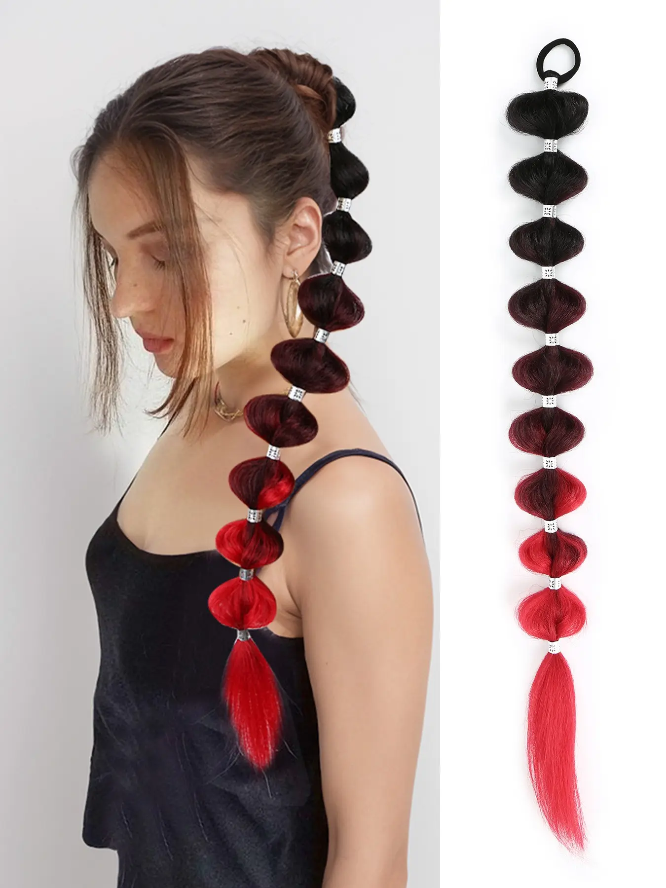 22 Inch Gradient Bubble Ponytail Extension with Hair Tie, Lightweight Synthetic Bubble Braid Ponytail Hairpiece, Synthetic Hair Pieces, Tangle-Free Flame Retardant Bubble Braids for Halloween Cosplay Party Daily Wear Synthetic Fiber Extensions