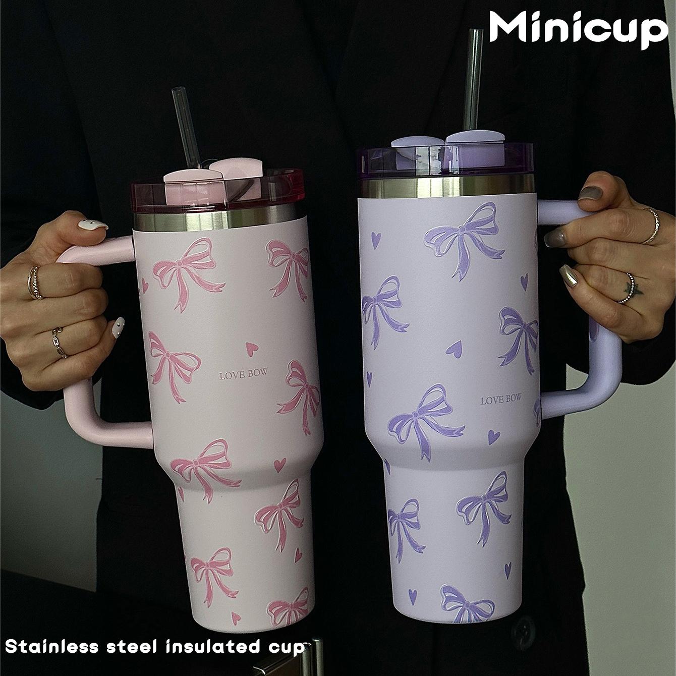 Bow Pattern Tumbler Cup, 40oz Large Capacity Stainless Steel Insulated Cup with Handle, Portable Coffee Cup for Travel, School, Office, Outdoor, Gym, Drinkware, Vacuum Insulated Tumbler