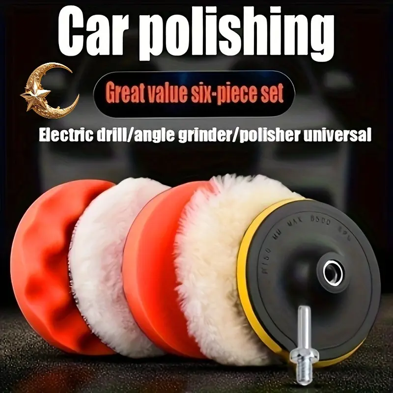 6Pcs Car Polishing Pads Kit, Automotive Sponge & Wool Buffing Wheels with Drill Adapter, Scratch Remover for Auto Paint Waxing, Headlight Care, Motorcycle Cleaning, Household Metal Surface Polish, Home DIY Gift Set
