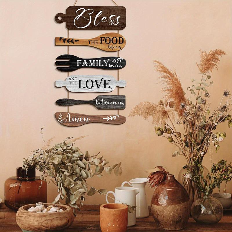 Wooden Kitchen Wall Decor, 1 Set Letter & Kitchen Utensils Pattern Wall Art with Rope, Wall Decor for Home Kitchen and Dining Room