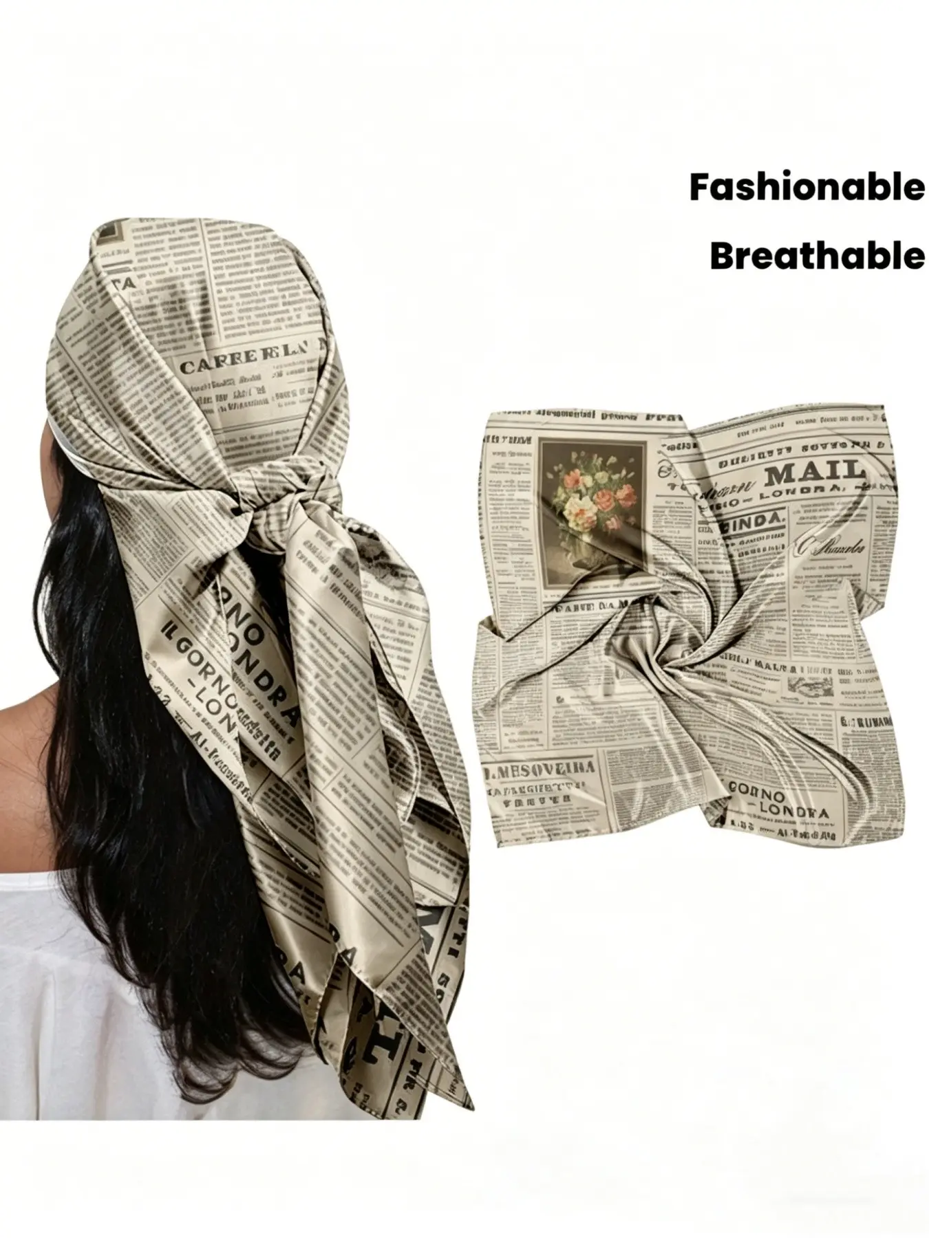 Women's Square Scarf 35 Inches, Vintage Newspaper Print Headscarf, Breathable Fashion Accessory, Trendy Retro Wrap, Exotic Style, Boho Style Shawl, Square Head Scarves