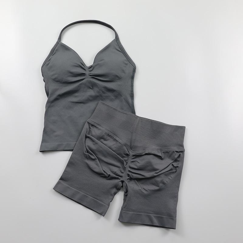 Dfyne  Seamless Yoga Set Women 2Pcs Padded Halter Tank Top Scrunch Butt Lifting Gym Shorts Set Summer Sportswear Workout Clothes Stretch Fabric Activewear Tight Fit Sporty Casual Athletic Jogging