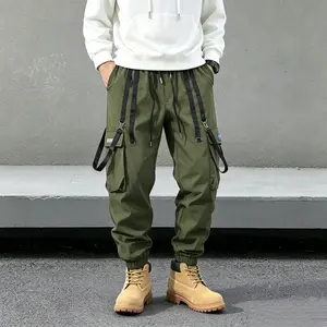 Men’s Army Green Cargo Jogger Pants Quick Dry Techwear, Strap Detail, Elastic Drawstring Waist, Baggy Y2K Streetwear, Korean Fashion OOTD Viral Fit 2026