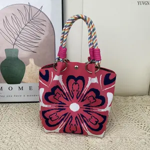 Boho Floral Knit Tote Handbag, Colorful Braided Handle Snap Closure Mini Bucket Bag, Casual Daily Portable Shoulder Bag