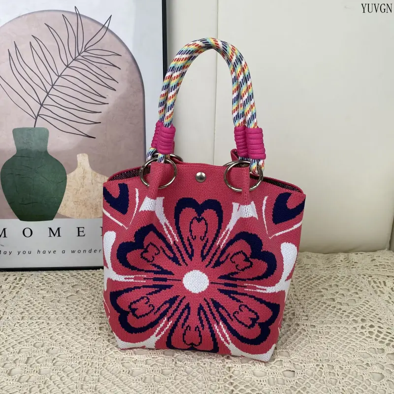 Women's Floral Knit Bucket Bag, Boho Handbag with Purple Daisy and Heart-Shaped Flower, Casual Mini Tote with Braided Handle & Snap Closure