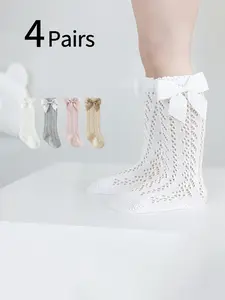 4 Pairs Baby Long Socks, Summer Thin Mesh High-Cut Bow Socks, Breathable Princess Socks for Girls, Cute Cartoon Pattern, Slim-Fit
