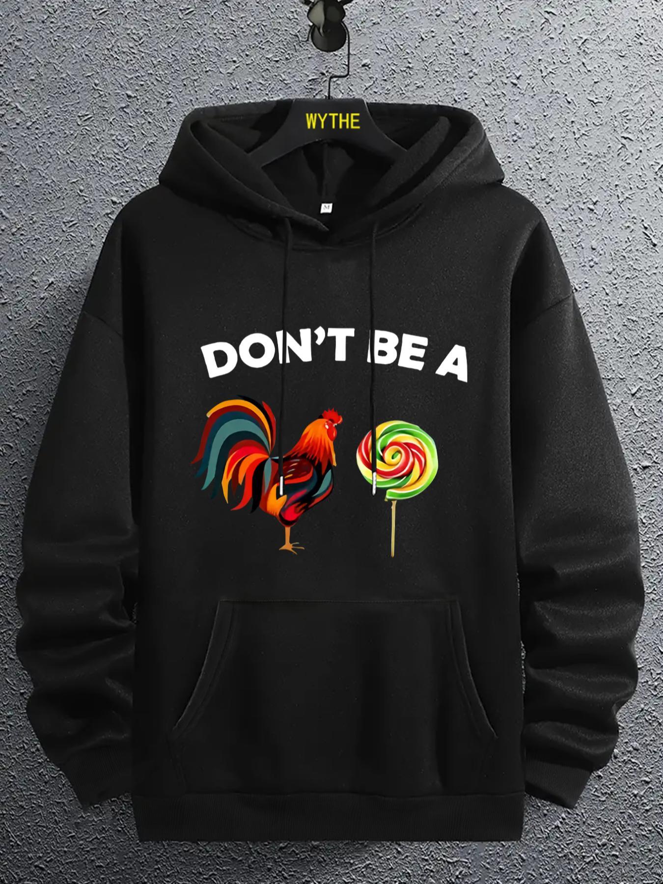 Men's Cartoon Rooster Print Drawstring Pocket Hoodie, Essentials Hoodie, Back To School Outfits, Casual, Regular Fit Fitted Hooded Long Sleeve Pullover, Hoodies for Men, Sweatshirts, Tops, Drippy Outfits, Going Out Outfit, Menswear, Cute Animal Sweatshirt