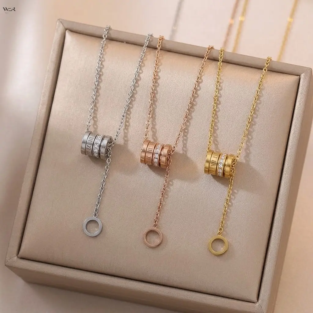 3 Tone Mini Barrel Pendant Necklace, Pave Crystal Waist Design with Lariat Ring Drop, Adjustable 40+5cm Chain in Gold/Rose Gold/Steel Silver for Minimalist Daily Wear