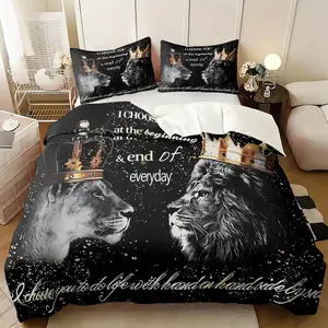 King and Queen Lion Couple Duvet Cover Set, Include One Quilt Cover and 1/2 Pillowcases, "I Choose You at The Beginning & End of Everyday" Romantic Quote Print Comforter Cover, Couples Lovers Bedroom Decor
