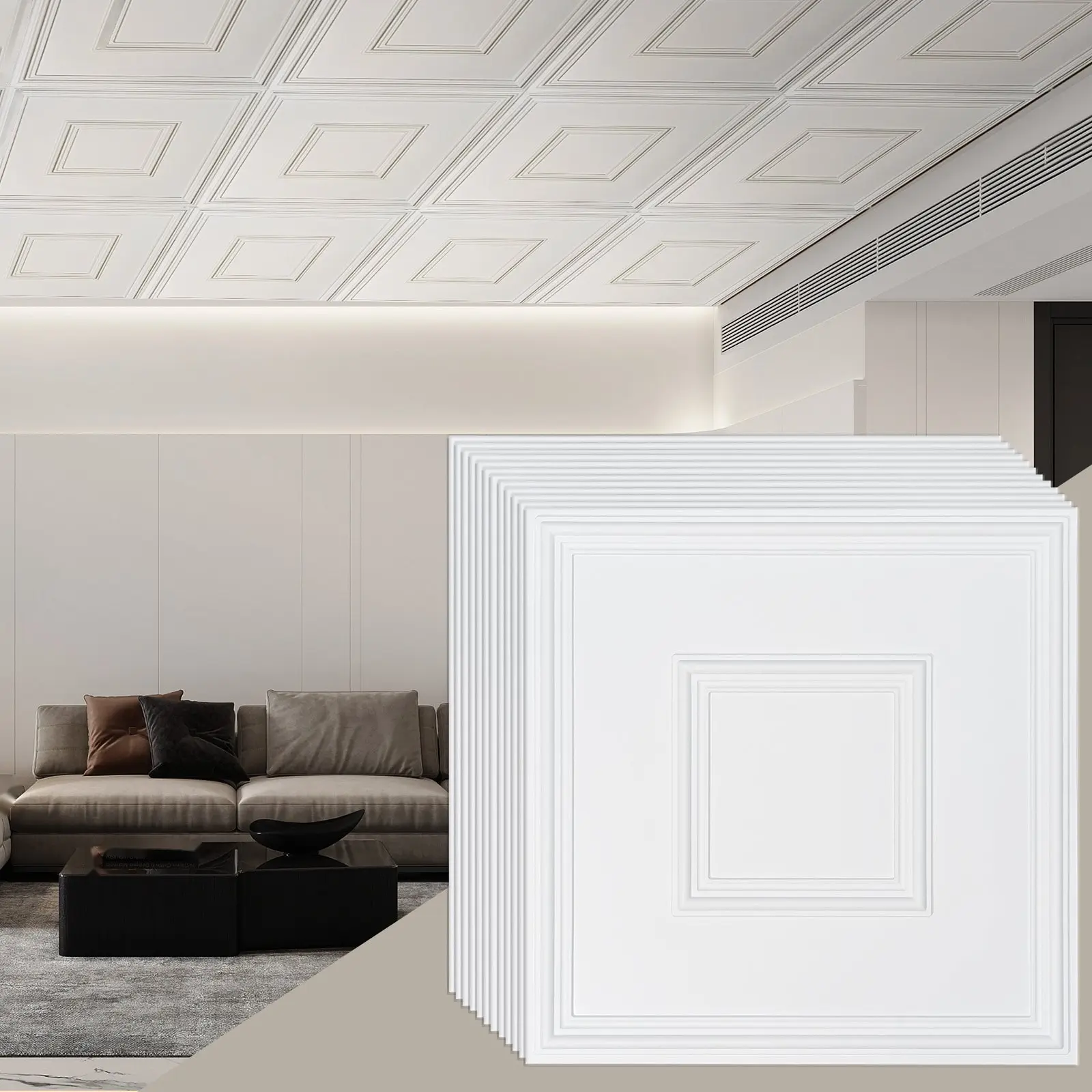 White Geometric PVC Ceiling Tiles, 12-Pack Boxed 24x24 In, Premium Indoor Home Decorative Panels for Drop-In or Glue-Up Installation, Easy Cutting & Handling, Durable Lightweight Building Supplies, Waterproof