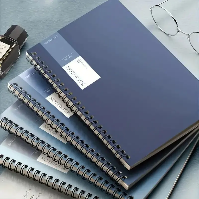 Set of 4 Thick A5 Coil Notebooks, Blue Simple Notebook, Loose-Leaf Book, High-Quality Practice Book for Elementary Students
