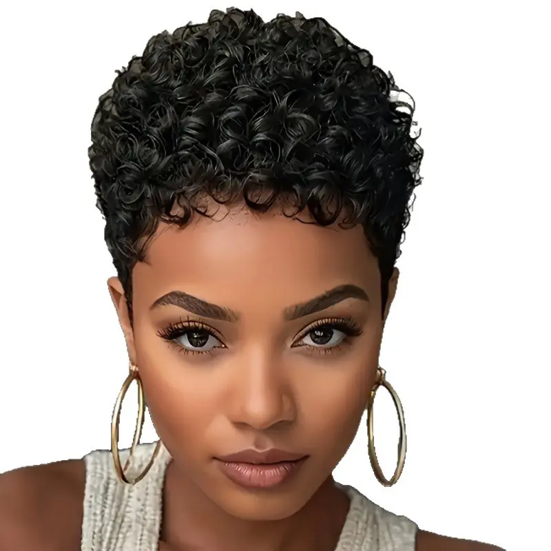 Women's Short Pixie Heat Resistant Synthetic Full Machine Wig, Curly Pixie Cut, Natural African Curly Hair, 1B Color, 8-20cm Length