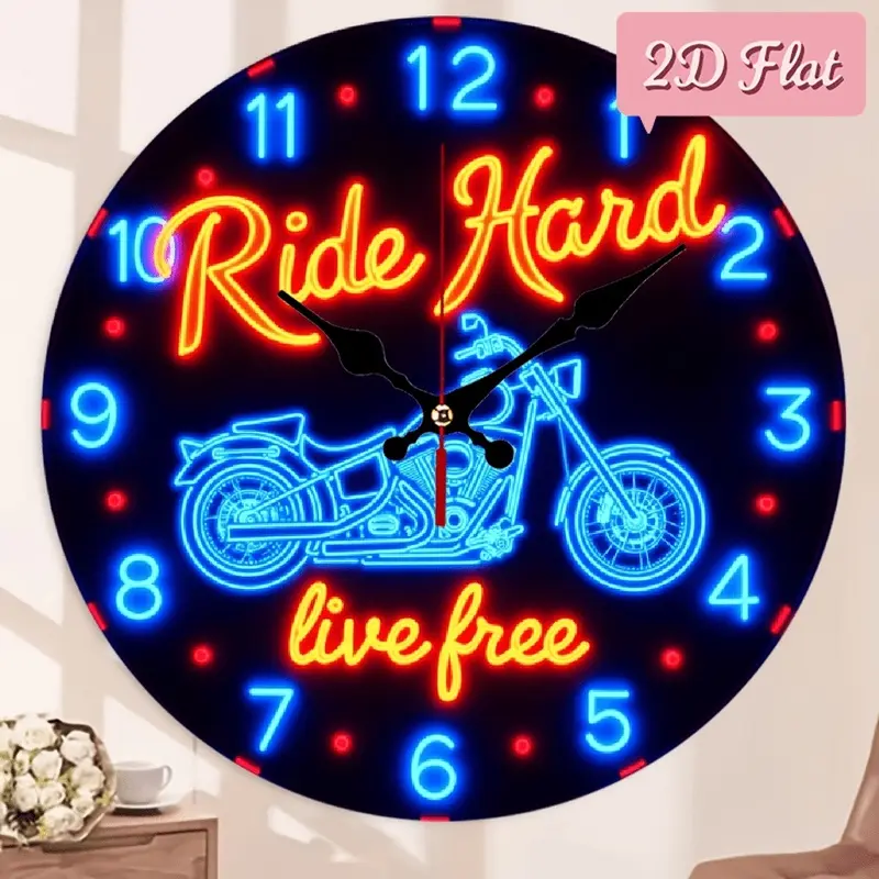 1 piece vintage motorcycle wall clock 10inch - "Ride Fearlessly, Live Freely" neon design, silent quartz battery-powered, suitable for nursery, living room, cafe decoration, bold number display, acrylic frame can be used as a bedroom gift, vintage motorcy