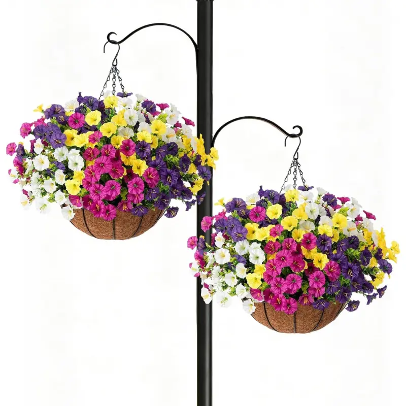 2 Set Hanging Planters with 24 Pcs Silk Petunias - UV Resistant Faux Flowers Arrangement for Spring Summer Outdoor Porch, Patio, Balcony & Garden Decor, No Watering Needed, All-Weather, Fade Resistant