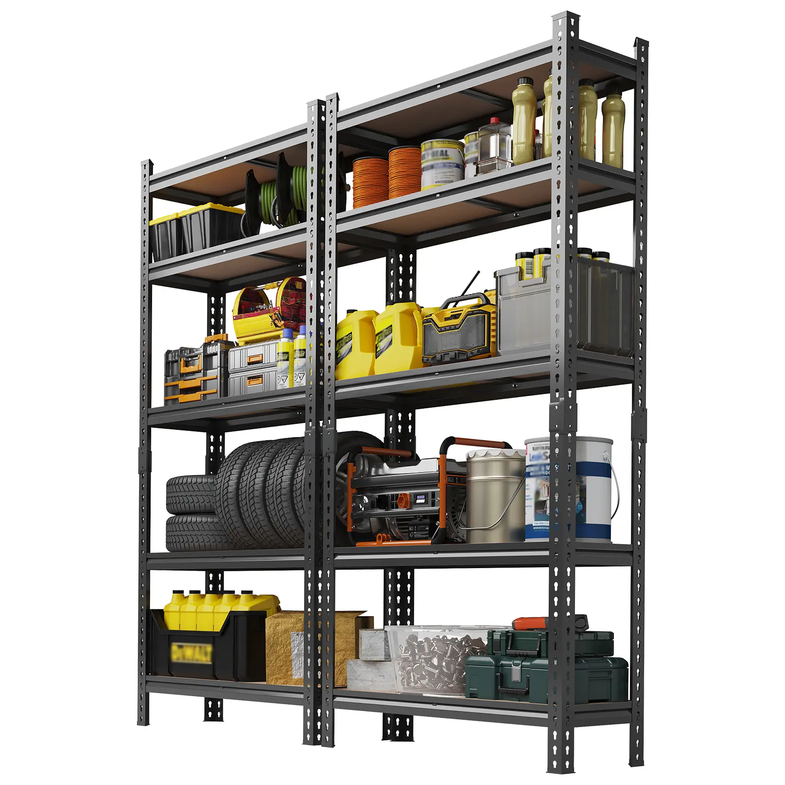 Heavy‑Duty Adjustable 5‑Tier Metal Storage Rack, Utility Shelving Unit for Garage, Basement, Kitchen, Pantry & Warehouse, 72" H x 48" W x 24" D, Black