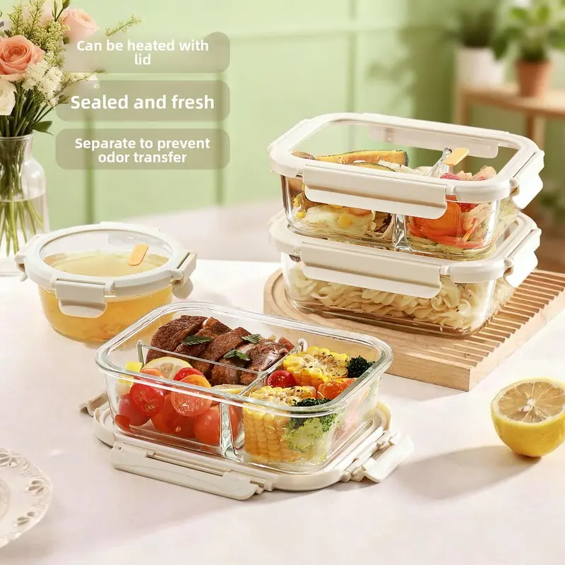 4pcs Glass Lunch Box with Compartments Microwave Safe Food Container Bento Box for Office Workers Leakproof Lunch Container for Men Women