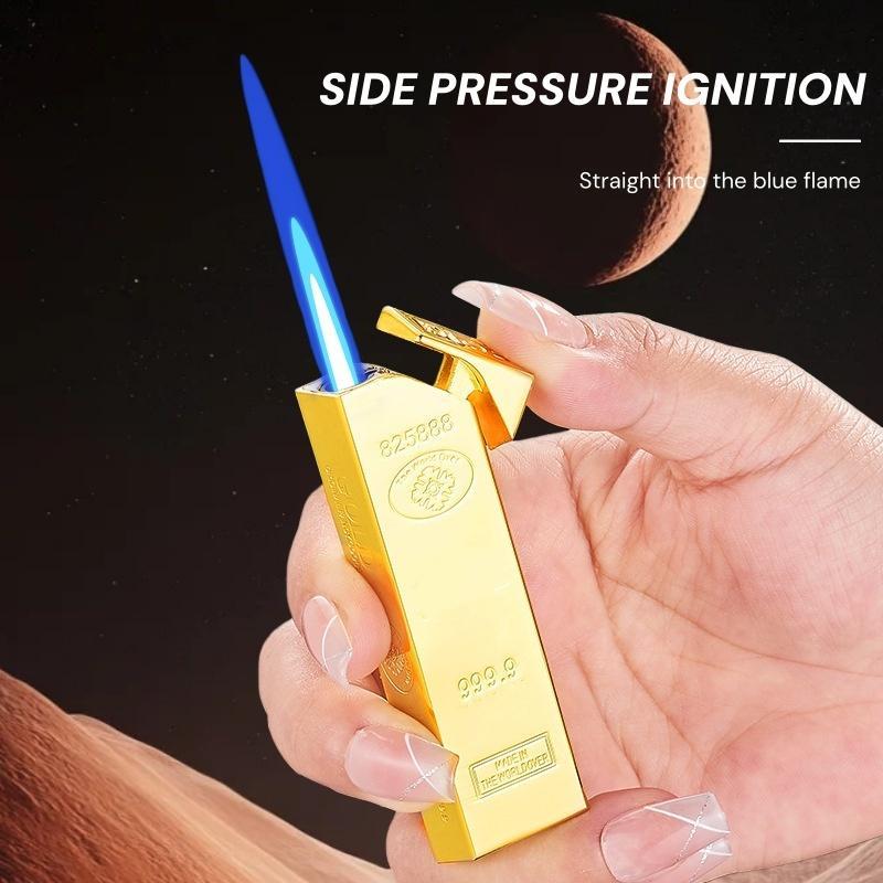 Creative Golden Lighter | Outdoor Windproof, Blue Flame Turbine Jet, Compact and Portable, Side Ignition, Adjustable Flame Size, High-end Collectible Gift for Boyfriend (Butane Gas-free), Without Battery