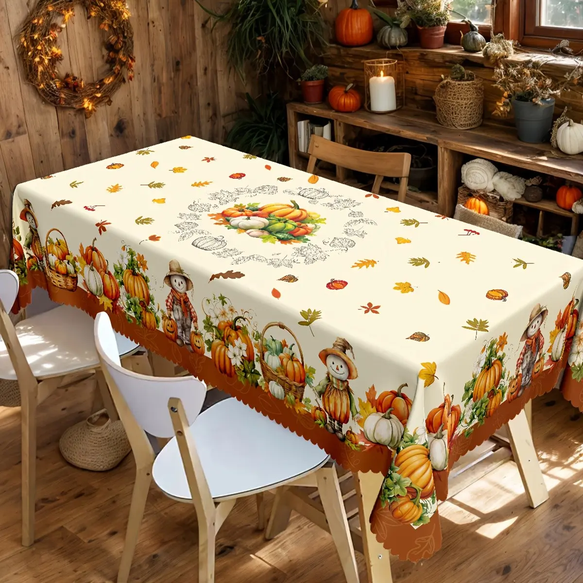 Autumn Thanksgiving Party Tablecloth, Rustic Farmhouse Style, Haystack Pumpkin Maple Leaf Basket Pattern, Rectangular with Embossed Edges, 2026 Decorations