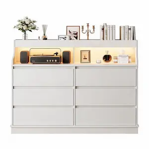 Dresser with 6 Drawers, LED Vanity Mirror & USB Charging Station, RGB Makeup Light, Modern Bedroom Storage Cabinet for Living Room Hallway