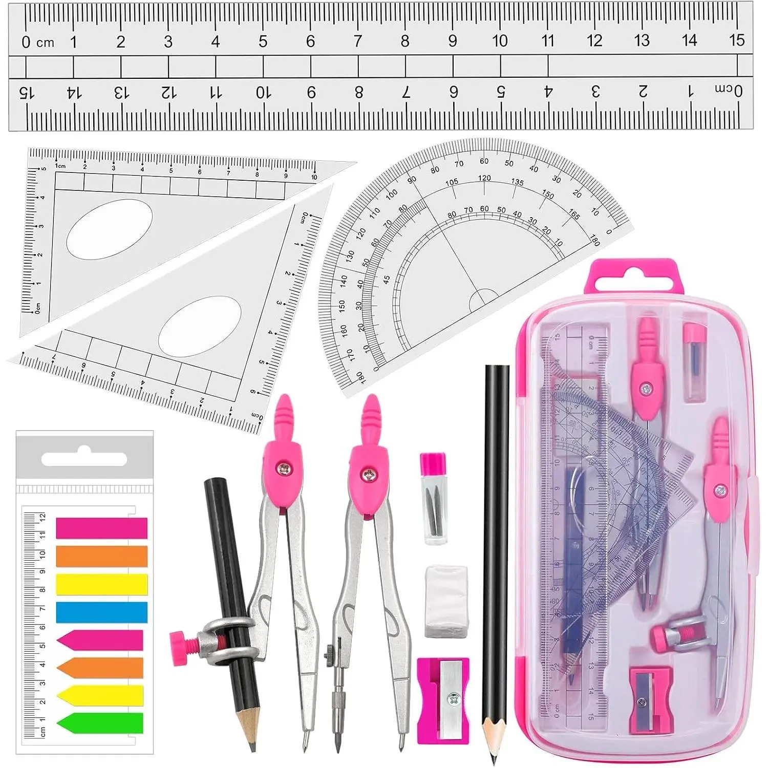 Maths Compasses Full Starter Geometry Kit with 2 Drafting Compasses Protractor 2 Set Squares Ruler Pencil and More for Students Maths Study Homework etc. Pink