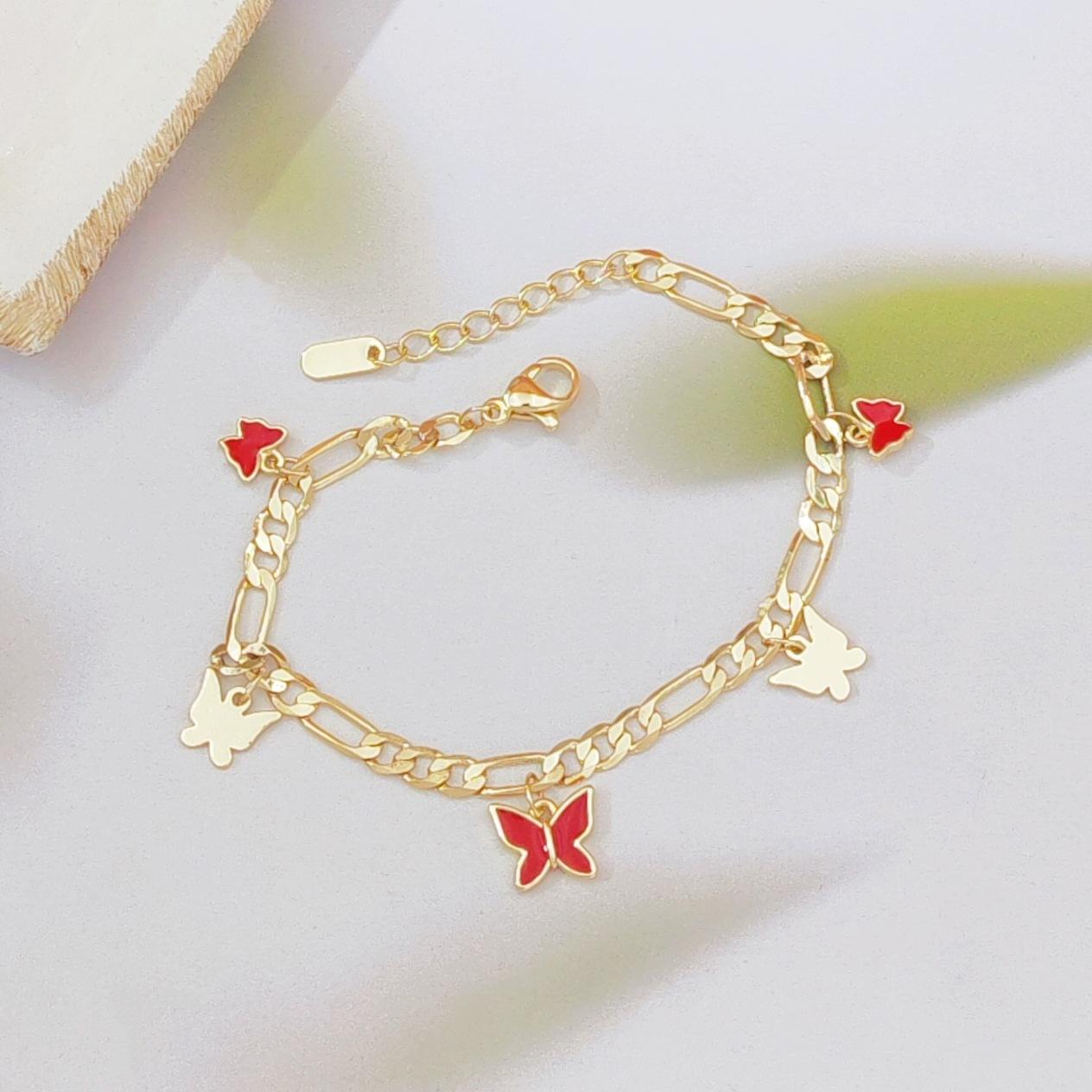 Korean Style Minimalist Luxury Bracelet For Women Red Enamel Butterfly Pendant Elegant Daily Wear Jewelry