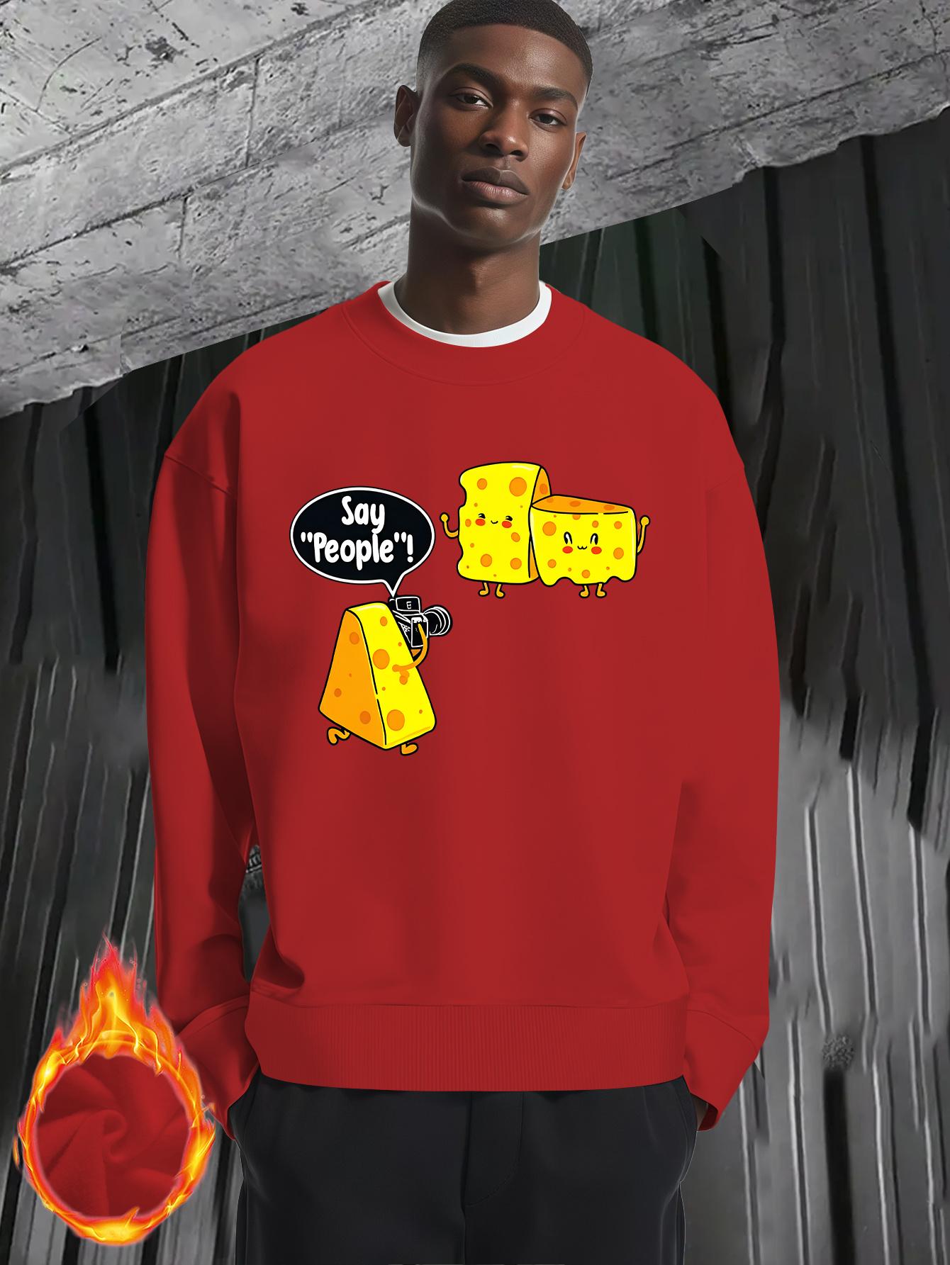 Men'S Funny Cheese & Cheese Slice Graphic Sweater - Oversized Round Neck Long Sleeve Thickened Winter Warmth, Loose Fit Casual Pullover with Cheese Slice & Cheese, Cheese Print - Comfortable Everyday Essential For Men, Cheese Sweater
