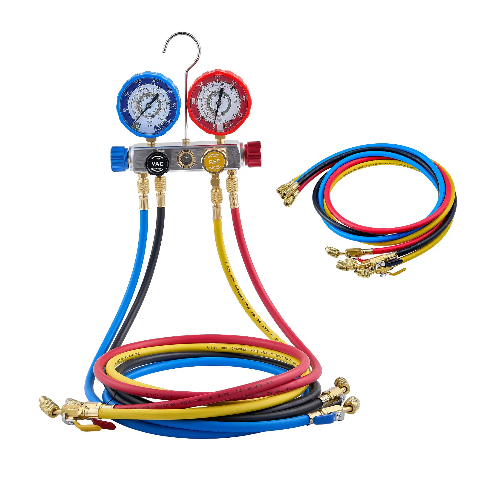 AC Manifold Gauge Set for R22 R404A R410A R12 Refrigerants, 4 Way AC Gauges with 5 ft Hoses for Automotive & Household Air Conditioning Maintenance, Evacuation Vacuuming Charging and Recovery