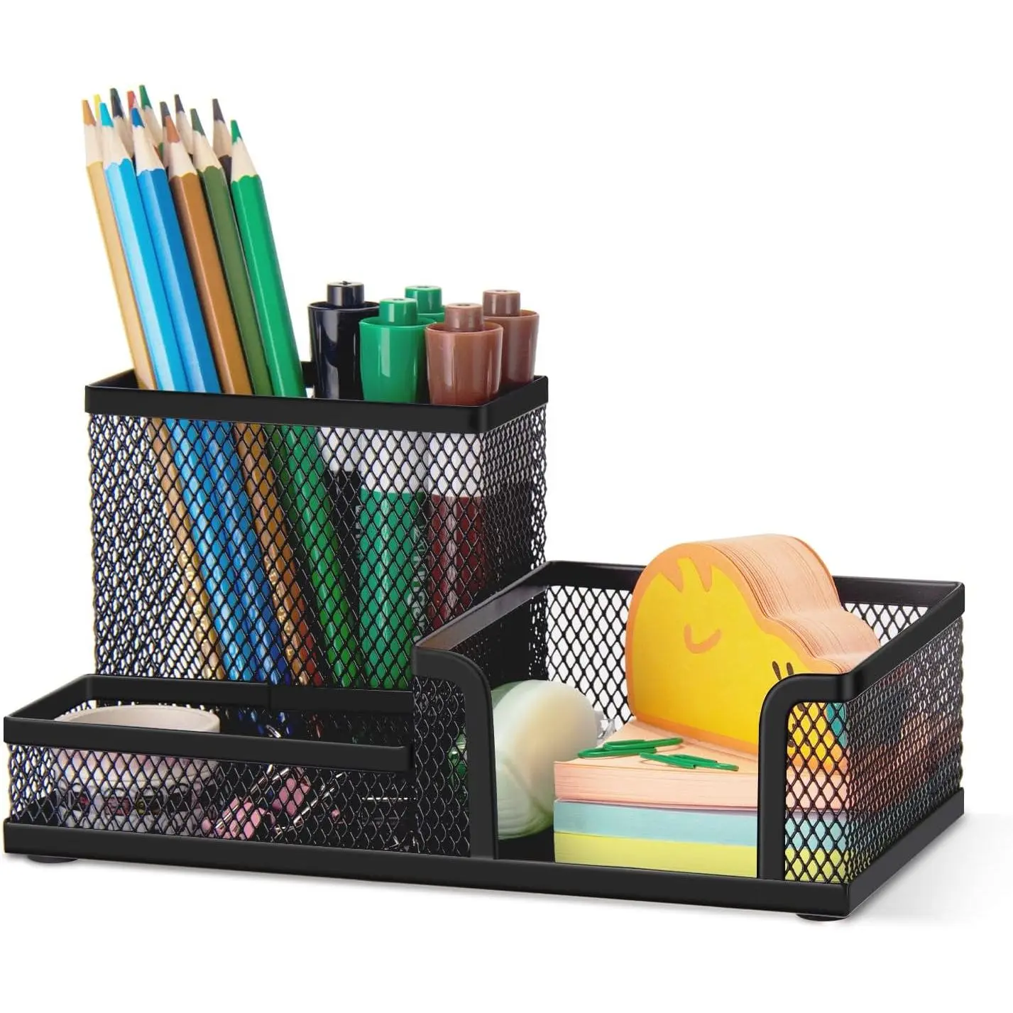 Mesh Pen Pencil Holder Desk Organizer, 3 Compartment Wire Desktop Pen Pencil Cup  Office Supplies Sticky Notes Holder for  Office School, Black