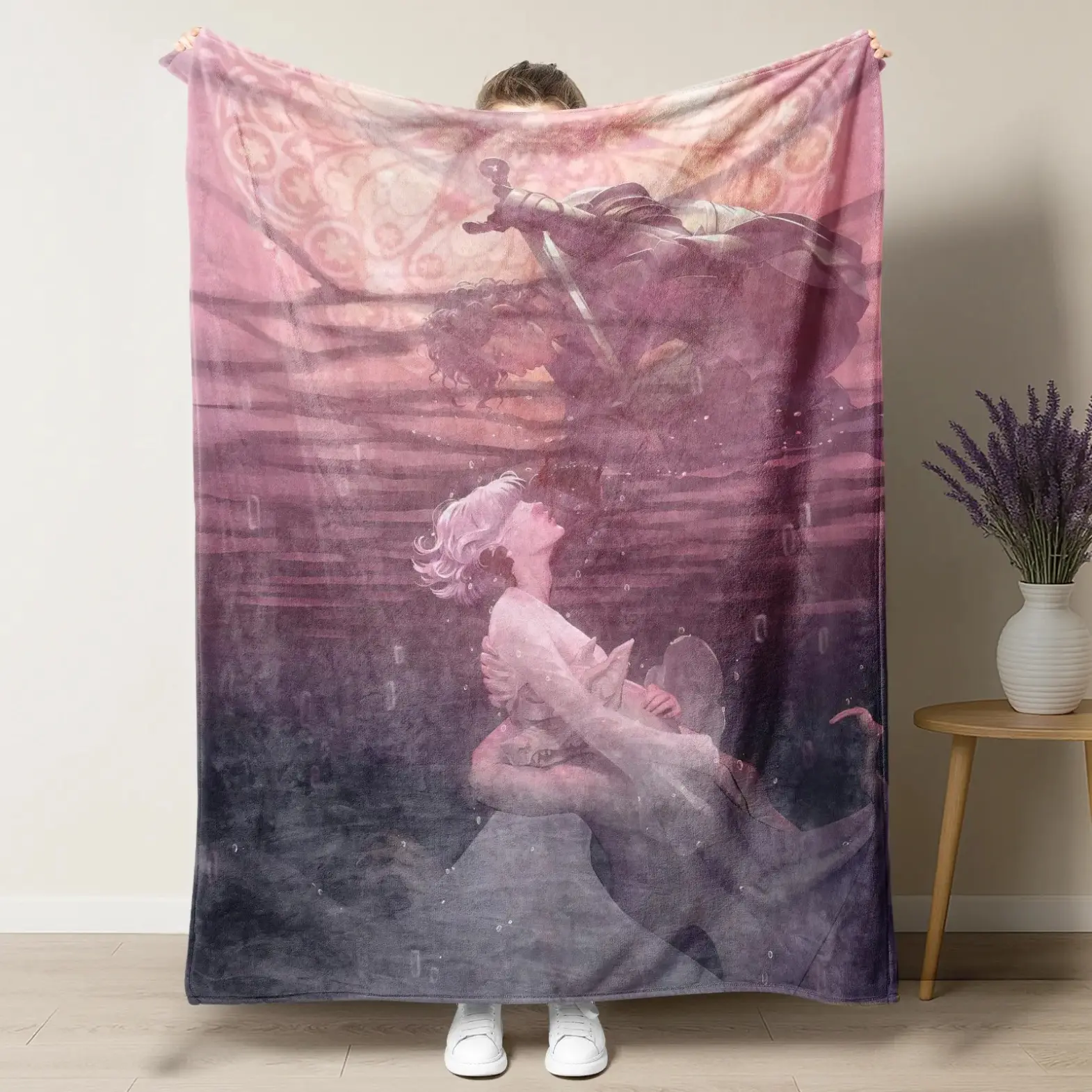 Knight & Moth Ethereal Fantasy Couple Art Flannel Blanket – Pink Sunset Water & Knight Print, Ultra Soft Throw for Romantic Fantasy Lovers