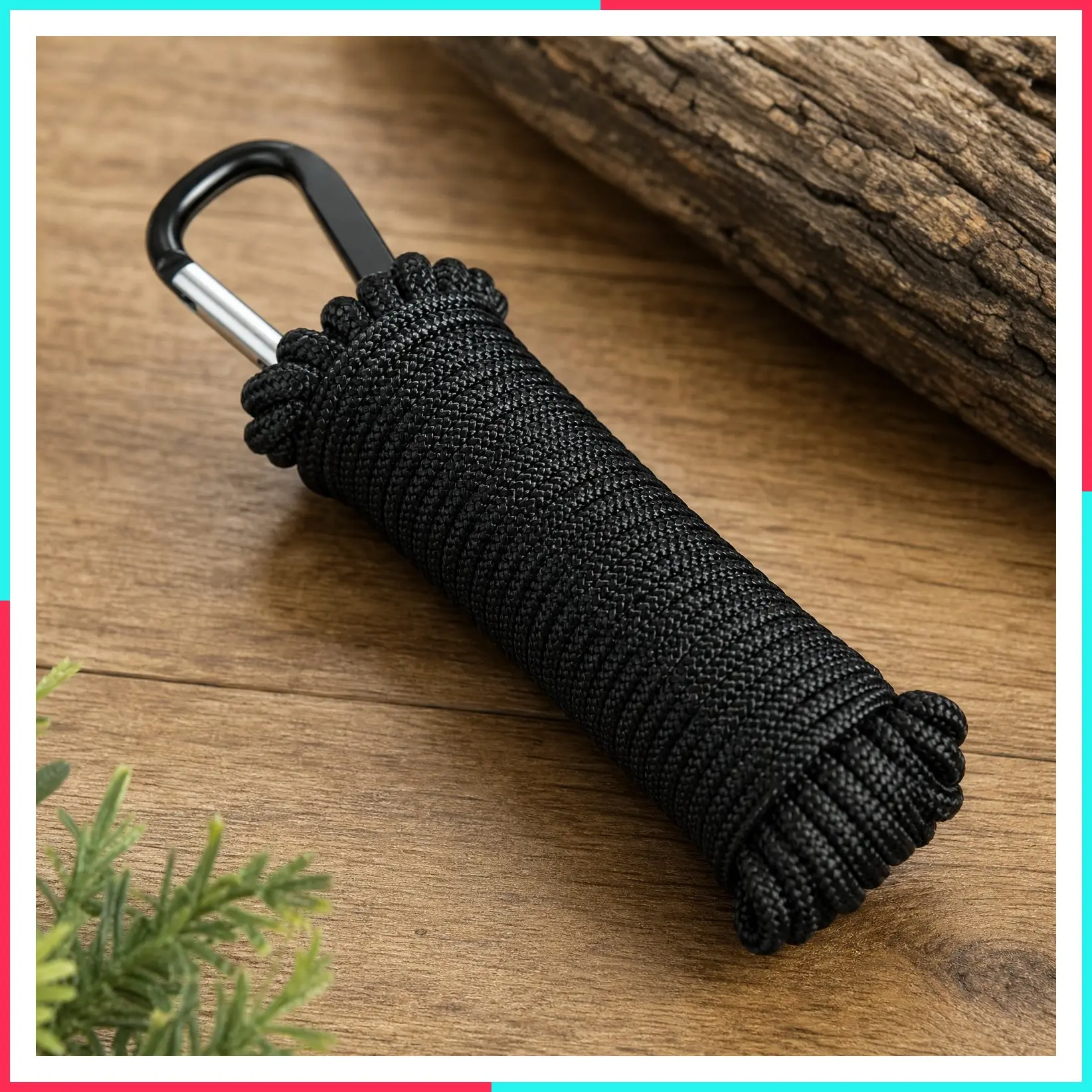 325 Paracord and Carabiner, Utility Cord for Camping and Hiking, Black, 50 ft