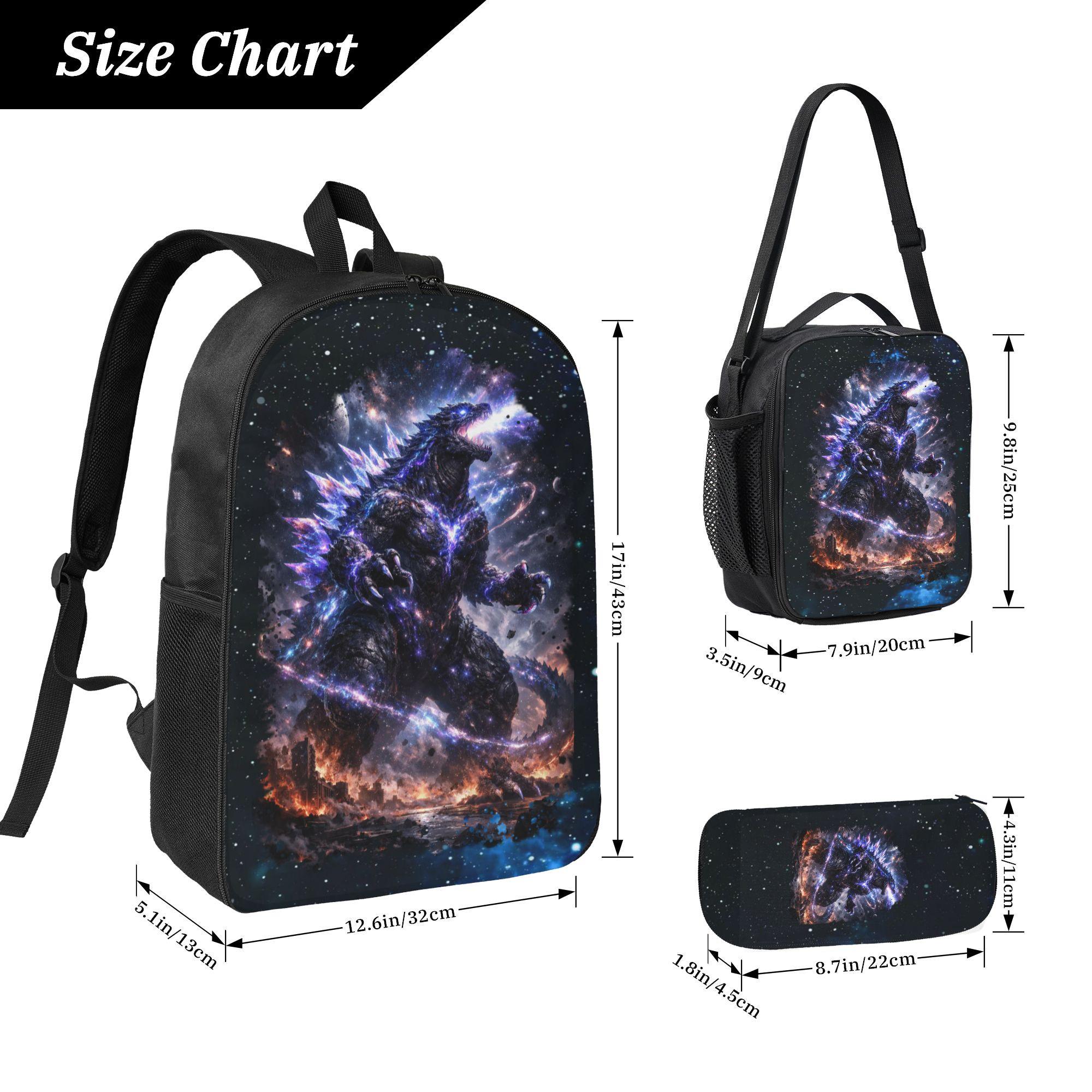 Godzilla Anime Kids' 3-Piece Backpack Set - Polyester Daypack, Lunchbox, Pencil Case, Durable, Stylish Casual School Supplies for Back to School, Printed, Unisex