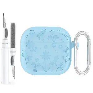 Floral Engraved Case with Keychain & Cleaner Kit for AirPods 4th Gen, Shockproof Durable Protective Silicone Cover for Apple AirPods 4 Headphone Accessories