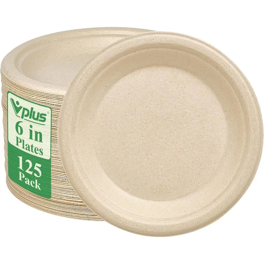 Vplus 125 Pack Compostable Bagasse Paper Plates 6 inch, Nature Super Strong Small Paper Plates, 100 Bagasse, Natural Biodegradable, Perfect for Desserts and Appetizers