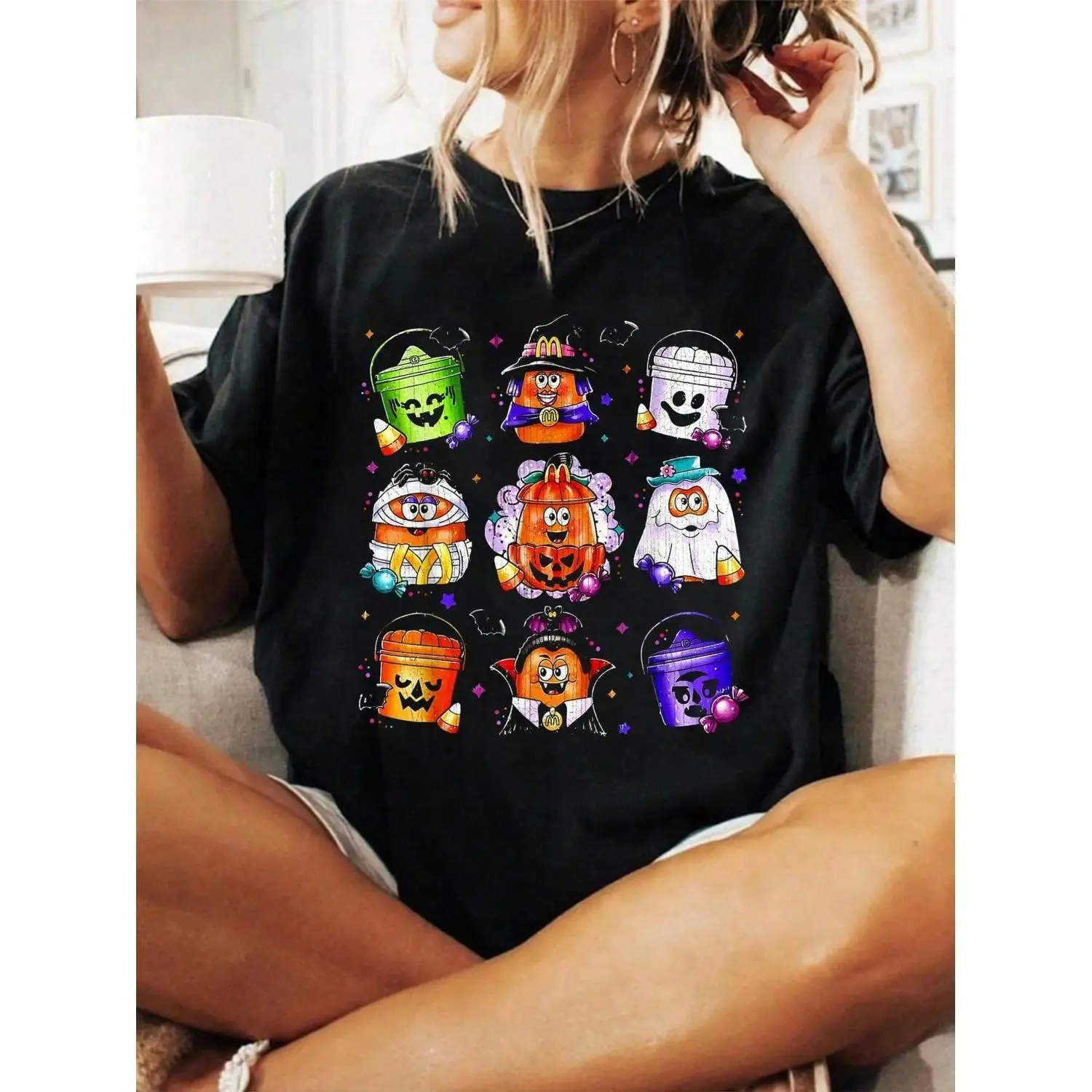 Men's 100% Cotton Casual Round Neck Halloween Theme T-Shirt, 90's Vintage Top with Chicken Nuggets & Pumpkin Graphics Womenswear Tshirt, Graphic Print