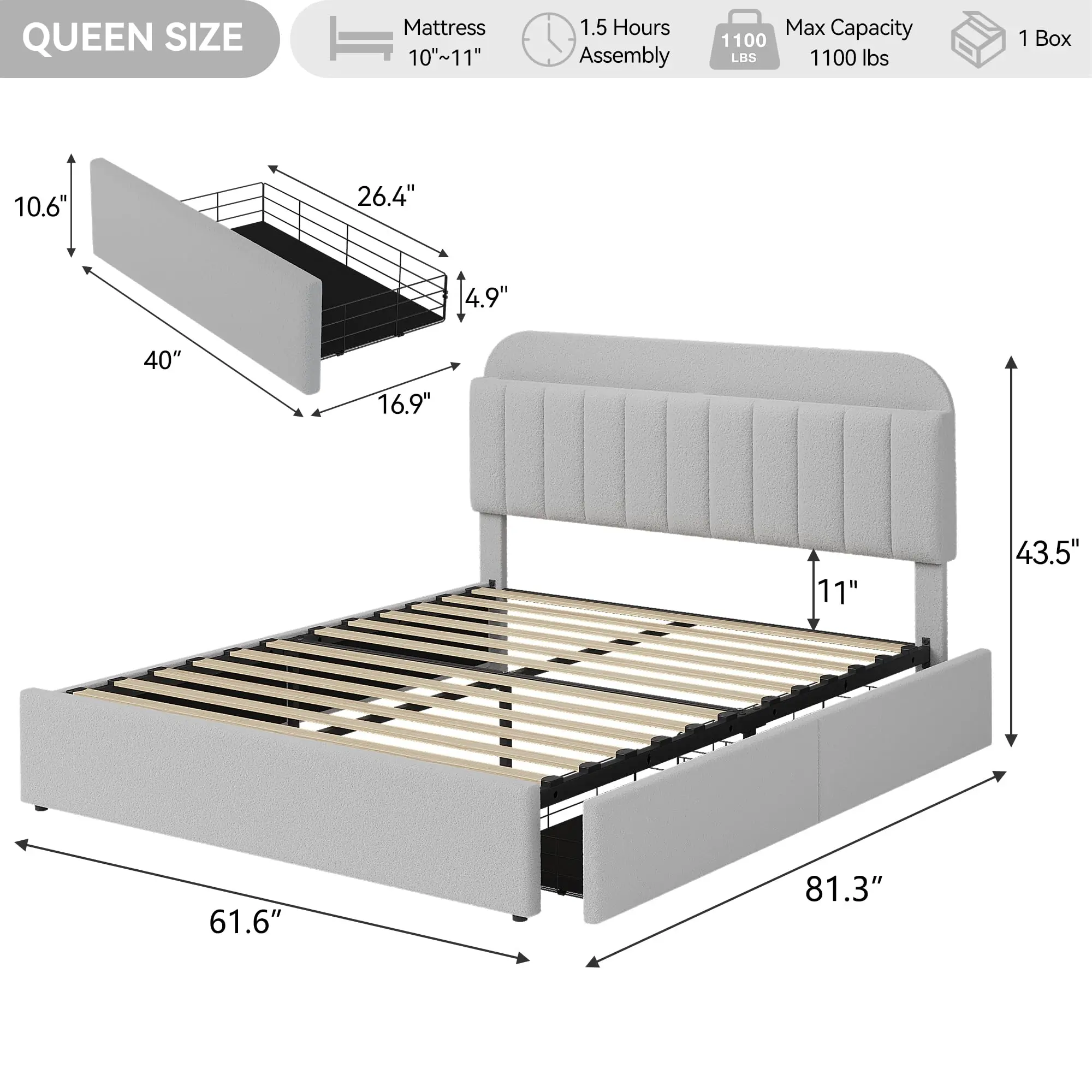 Queen/Twin/Full Bed Frame, Platform Bed with Storage Headboard & Drawers | Boucle Upholstered Bed Frame, Bookcase Headboard, No Box Spring Needed, Easy Assembly, elegant bed frames，Beige white/Pink/Blue/Grey/Yellow