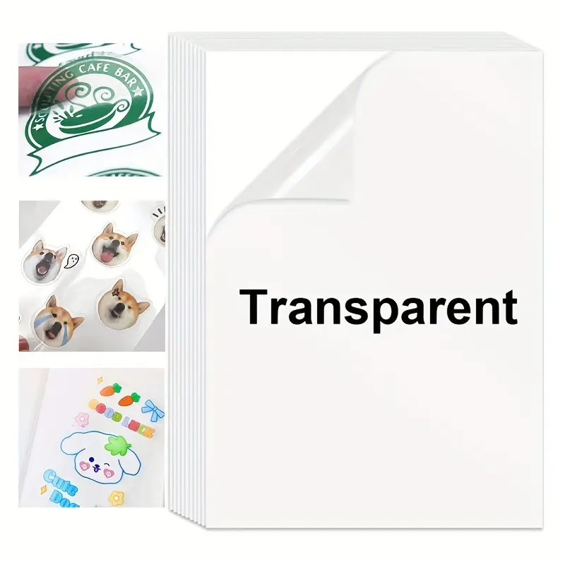 10 sheets of 100% transparent/semi transparent self-adhesive paper, vinyl self-adhesive paper suitable for inkjet printers. Multi purpose printable label paper.