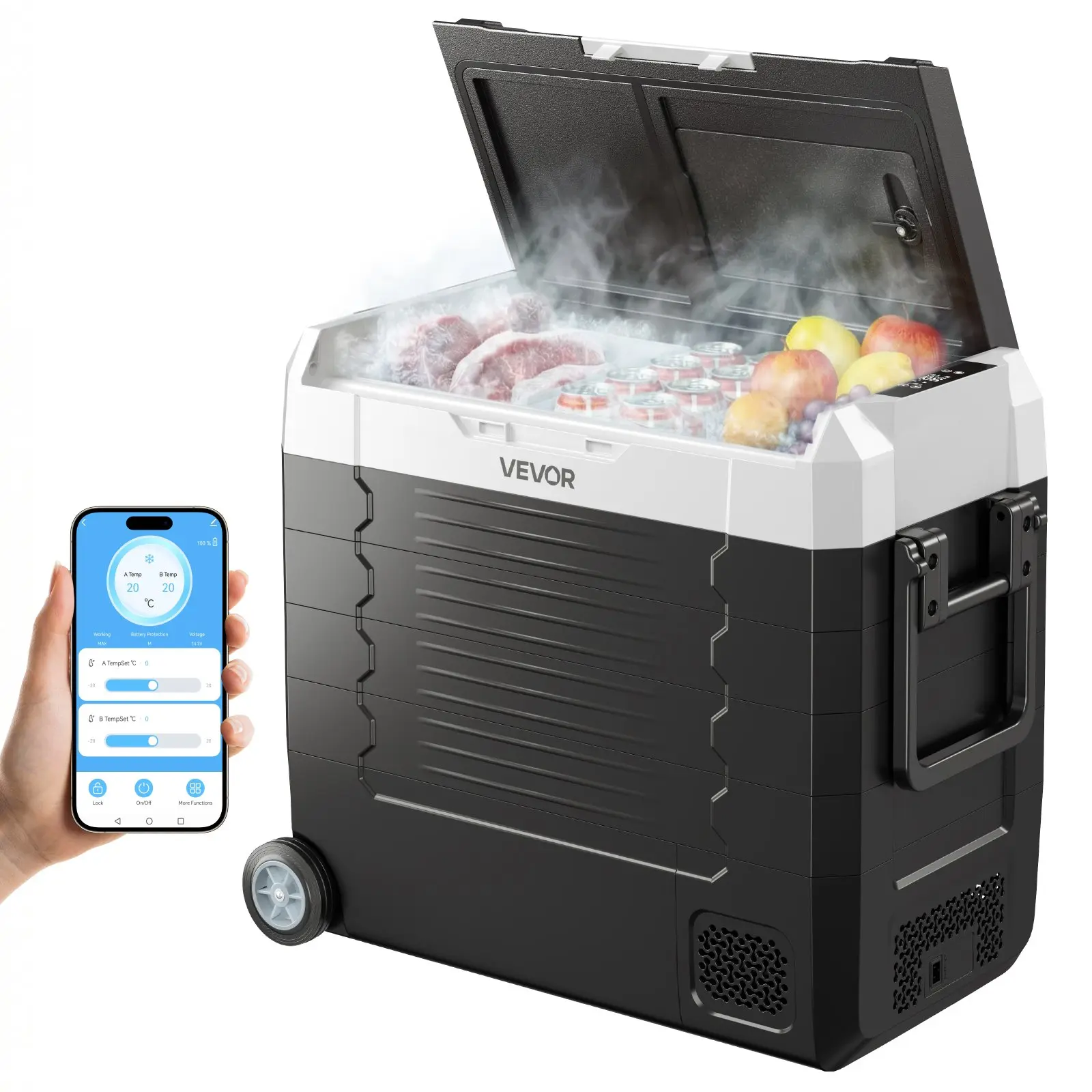 VEVOR 58 QT Compressor Car Refrigerator, DC 12/24V AC 100-240V Electric Cooler with APP Control, Dual Zone, Wheels, -4°F to 68°F, 27.20 x 15.35 x 22.83 inch, 36.38 lbs, Adventure-Ready Design for RVs, Boats, Parties