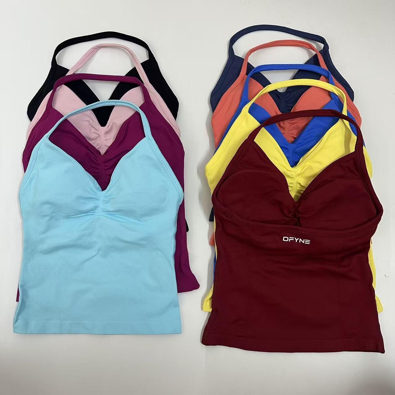 DFYNE Backless Fitness Tank Top with Built-in Bra Pads, Long Straps, and Elongated Cuffs for a Slimming Look, Ideal for Yoga Training.