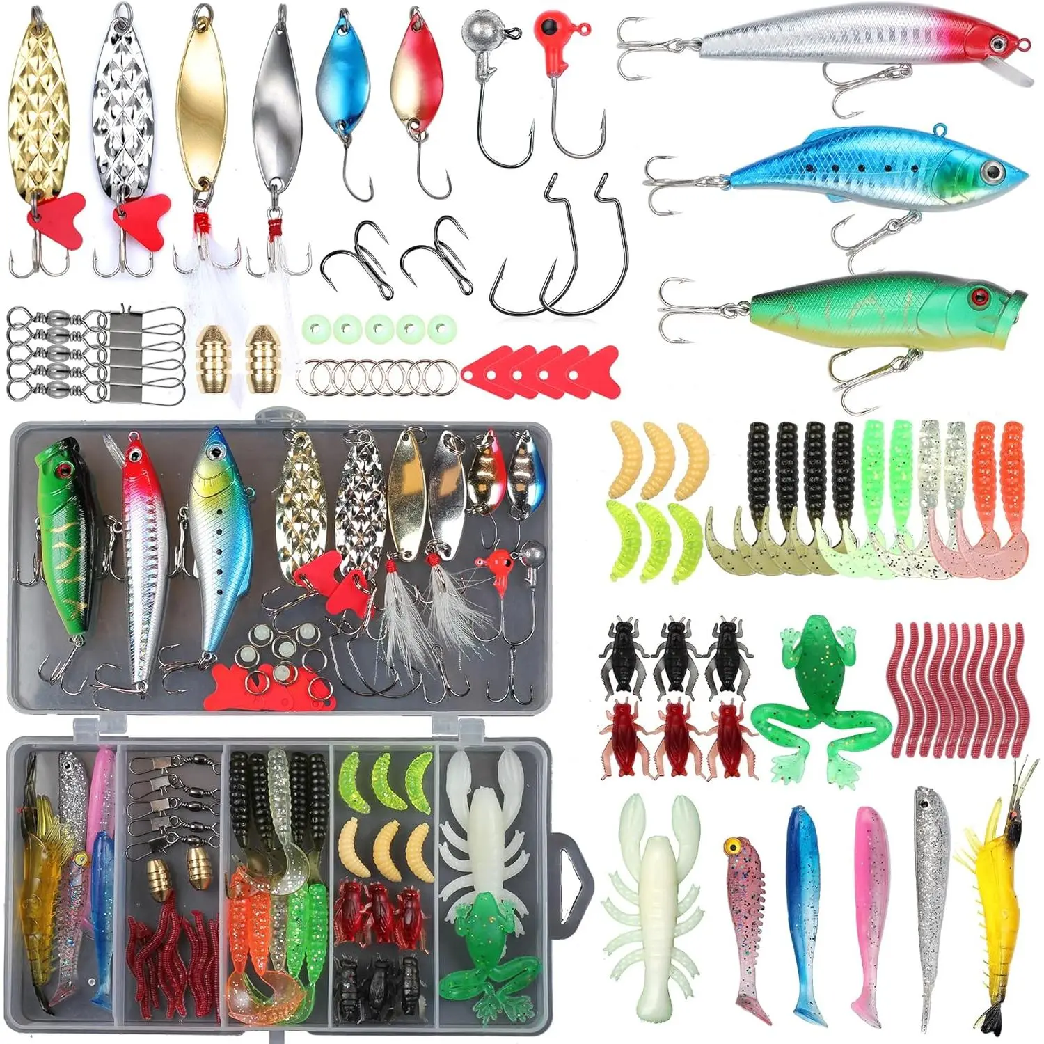 Fishing Lures,Tackle Box with Tackle Included, Crankbaits, Spoon, Shrimp Worm Bait, Hooks,Weights & Other Accessories, Fishing Lures kit Lure Set for Bass Trout Salmon