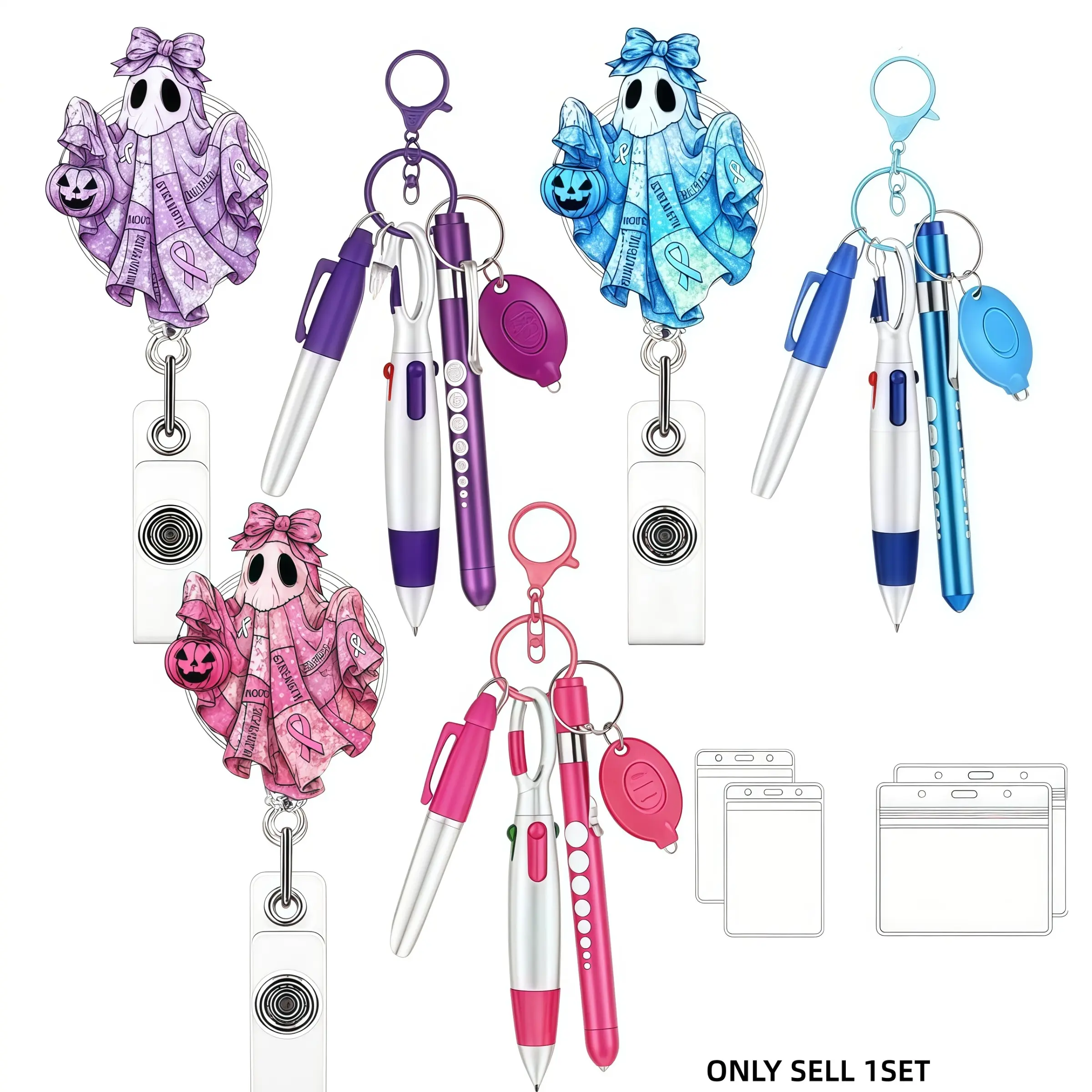 Halloween Ghost Pumpkin Bow Design Badge Roll Set, Cancer Awareness Ribbon Stretch ID Clip, Multi-Function Nurse Pen, Gift for Oncology Nurses