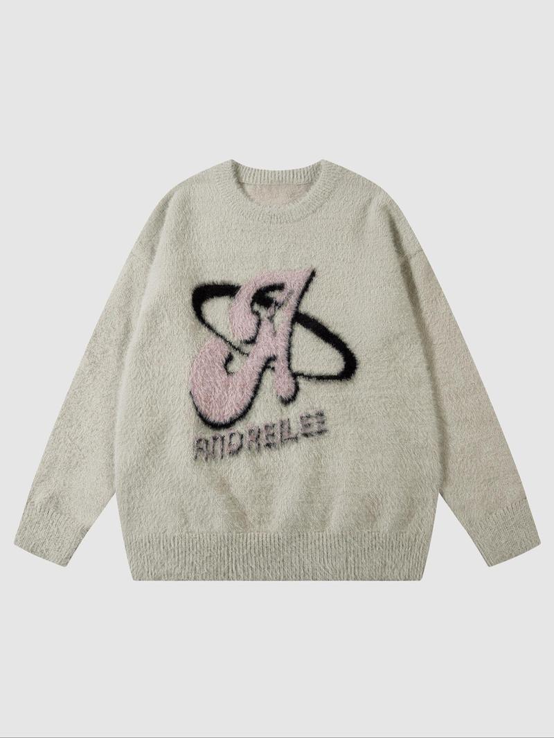 Casual Loose-Fitting Men's Gender-Neutral Sweater with Letter Pattern, Stylish Round Neck Long Sleeve Knit Loose Casual Pullover for Fall & Winter