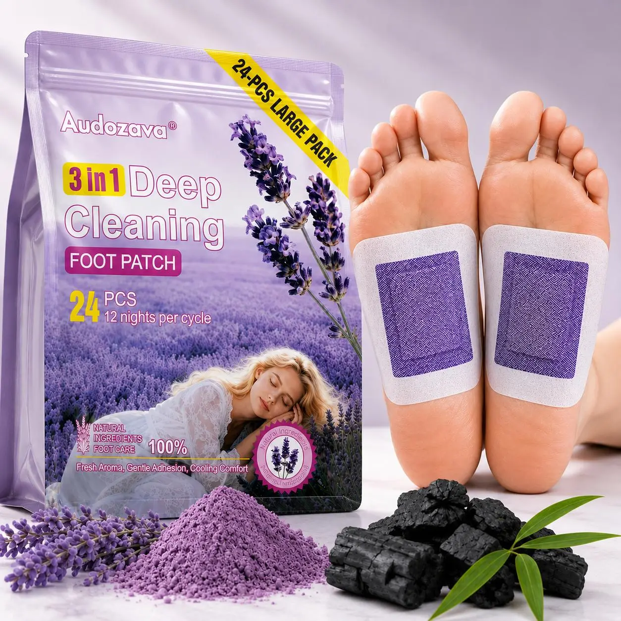 24-Count Deep Cleansing Detox Foot Pads - 3-in-1 Natural Ginger, Bamboo Charcoal & Lavender Patches, 12 Nights Cycle for Toxin Removal, Stress Relief & Better Sleep