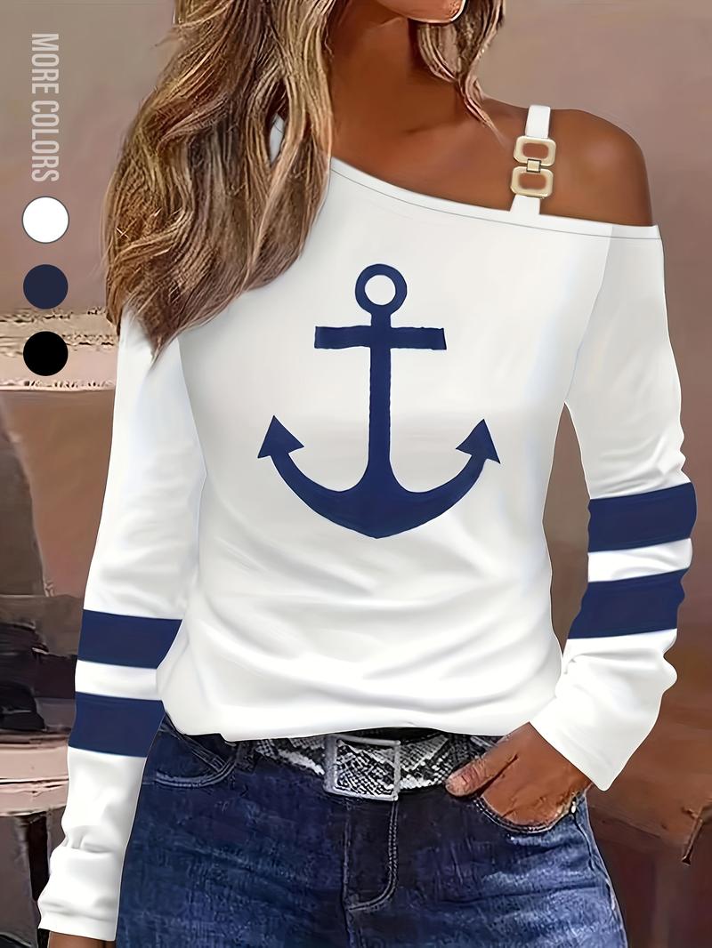 Women's Anchor Print Asymmetrical Neck Tee, Casual Long Sleeve T-shirt for Daily Wear, Ladies Clothes for All Seasons, Clothing