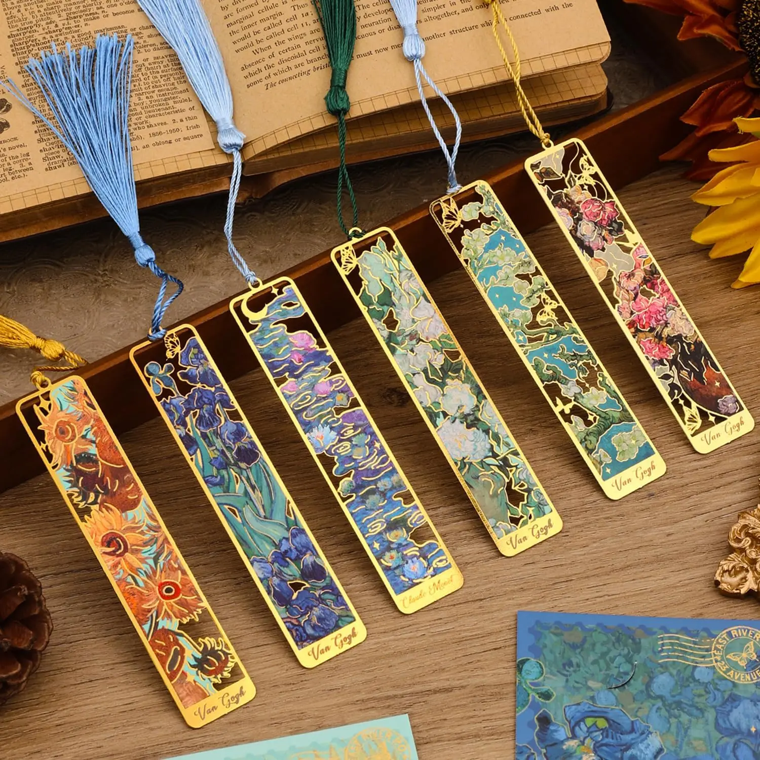 6 count Metal Bookmarks with Tassel, Golden Hollow Bookmark Oil Painting Theme Book Mark Bookmarks for Book Lovers Writers Readers  Teens Men Women Adults