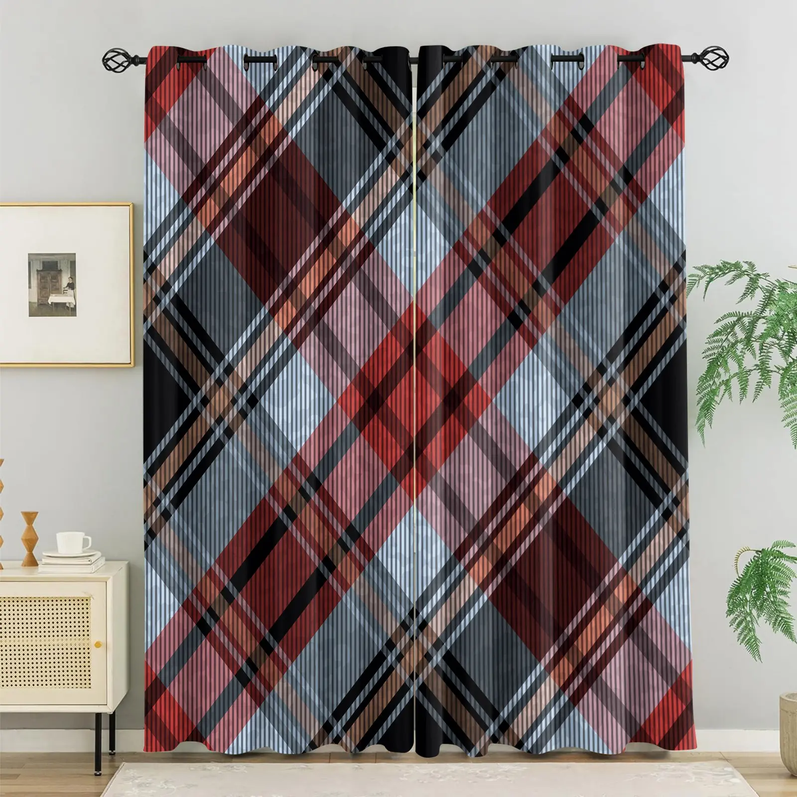 2 Panels Tartan Plaid Printed Curtains, Darkening Thermal Insulated Window Drapes, Vintage Red Black Gray Checkered Decoration Curtains for Bedroom Living Room, Room Darkening Privacy Window Treatments