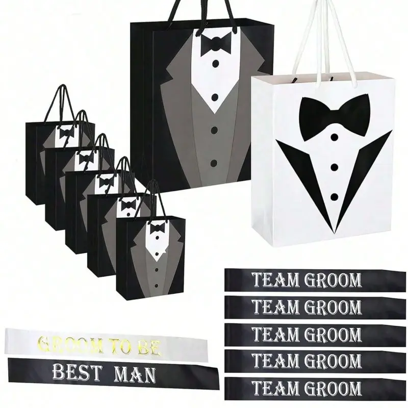 14 Pcs Groomsmen Gifts Set 7pcs Groom Gift Bags whit 7 PCS Bachelorette Sashes Set Black Team Groom for Bachelor Bridal Shower Supplies Wedding Parties Decorations Favors Gifts